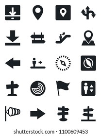 Set of vector isolated black icon - elevator vector, escalator, signpost, right arrow, left, wind, radar, route, pin, download, place tag, compass, flag, guidepost