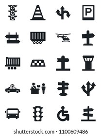 Set of vector isolated black icon - airport tower vector, taxi, bus, parking, passport control, signpost, alarm car, border cone, helicopter, disabled, route, traffic light, truck trailer, guidepost