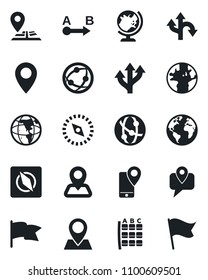 Set of vector isolated black icon - globe vector, seat map, route, navigation, earth, pin, mobile tracking, network, compass, flag