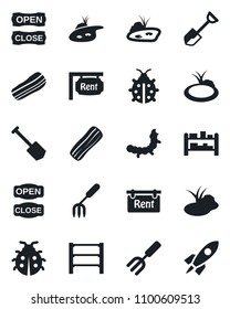 Set of vector isolated black icon - job vector, garden fork, shovel, lady bug, caterpillar, pond, rack, rent, bacon, open close, rocket