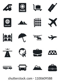 Set of vector isolated black icon - runway vector, taxi, suitcase, baggage trolley, airport bus, umbrella, passport, ladder car, helicopter, seat map, luggage storage, plane globe, mountains, case