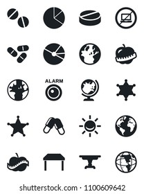 Set of vector isolated black icon - no laptop vector, globe, pills, diet, earth, pie graph, table, police, alarm led