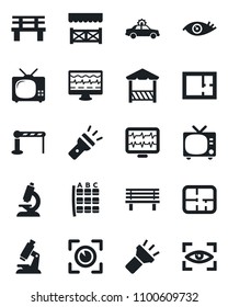 Set of vector isolated black icon - barrier vector, tv, alarm car, seat map, bench, monitor pulse, microscope, eye, torch, plan, alcove, scan