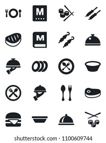 Set of vector isolated black icon - spoon and fork vector, dish, cafe, menu, plates, waiter, steak, kebab, hamburger, bowl, sushi
