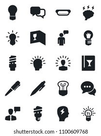 Set of vector isolated black icon - speaking man vector, pen, brainstorm, bulb, dialog, wine card, hot dog, energy saving, shining head, idea
