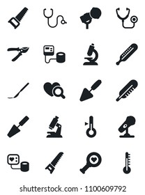 Set of vector isolated black icon - trowel vector, pruner, saw, stethoscope, blood pressure, thermometer, heart diagnostic, microscope, scalpel, microphone