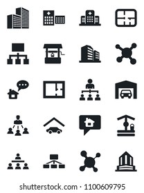 Set of vector isolated black icon - hierarchy vector, well, molecule, hospital, office building, garage, plan, home message