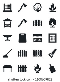 Set of vector isolated black icon - fence vector, tree, saw, fire, hoe, axe, abacus, table, alcove, cutting board