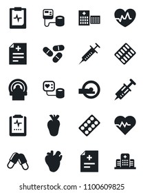 Set of vector isolated black icon - heart pulse vector, diagnosis, syringe, blood pressure, pills, blister, tomography, real, clipboard, hospital