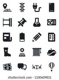 Set of vector isolated black icon - cafe vector, drawing pin, pencil, boot, diet, navigation, cash, traffic light, film frame, dialog, low battery, phone back, sim, news, sun panel, power plug