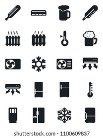 Set of vector isolated black icon - thermometer vector, heater, air conditioner, fridge, drink, beer, snowflake