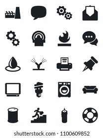 Set of vector isolated black icon - water drop vector, tomography, flammable, oil barrel, tv, dialog, paper pin, mail, message, printer, career ladder, washer, cushioned furniture, factory, candle