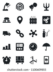 Set of vector isolated black icon - alarm clock vector, garden sprayer, pin, car delivery, consolidated cargo, umbrella, microphone, share, chain, stopwatch, cut, fingerprint id, bar graph, windmill