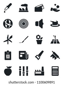 Set of vector isolated black icon - factory vector, flower in pot, saw, dropper, scalpel, vinyl, news, settings, network, identity card, credit, chicken, rolling pin, apple fruit, warm floor, sound
