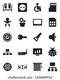 Set of vector isolated black icon - cafe vector, baby, statistic monitor, flower in pot, saw, lady bug, blood test vial, disabled, tv, sd, sim, target, key, socket, router, sound, jalousie