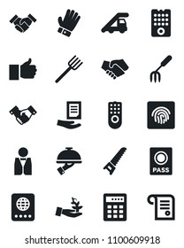 Set of vector isolated black icon - passport vector, ladder car, handshake, document, garden fork, farm, glove, saw, finger up, fingerprint id, waiter, remote control, combination lock, palm sproute