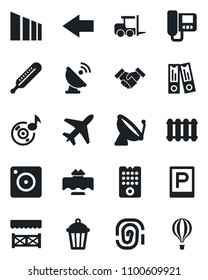 Set of vector isolated black icon - plane vector, satellite antenna, parking, left arrow, fork loader, office binder, garden light, thermometer, sorting, mobile camera, music, handshake, alcove