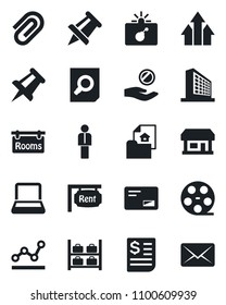 Set of vector isolated black icon - bomb in case vector, luggage storage, manager, office building, document search, drawing pin, store, receipt, reel, mail, paper clip, point graph, notebook pc