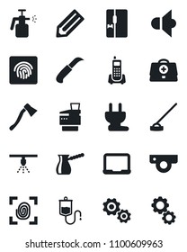 Set of vector isolated black icon - notebook pc vector, pencil, hoe, garden knife, axe, sprayer, doctor case, dropper, office phone, speaker, fingerprint id, copier, fridge, turkish coffee, gear