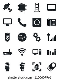 Set of vector isolated black icon - ladder vector, satellite, equalizer, tv, monitor, call, record, network, cellular signal, office phone, wireless, chip, fingerprint, remote control, router, pc