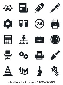 Set of vector isolated black icon - 24 around vector, border cone, gear, hierarchy, team, trowel, blood test vial, settings, themes, case, clock, news, hr, calculator, office chair, printer, pencil