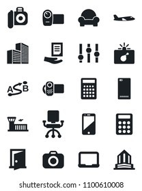 Set of vector isolated black icon - bomb in case vector, plane, airport building, notebook pc, document, route, camera, settings, video, cell phone, back, office, calculator, cushioned furniture