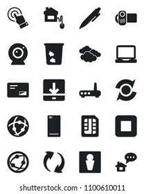 Set of vector isolated black icon - trash bin vector, male, clouds, pen, video camera, network, touch screen, laptop pc, mail, stop button, phone back, update, sim, download, home control, router