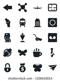 Set of vector isolated black icon - train vector, left arrow, plane, pennant, coffee, lawn mower, butterfly, joint, molecule, record, lock, tie, book, plan, city house, money bag, paper