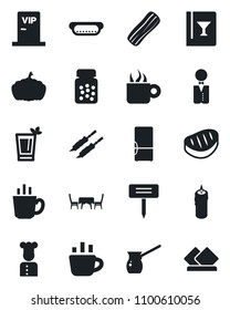 Set of vector isolated black icon - coffee vector, plant label, pumpkin, pills bottle, fridge, waiter, cook, wine card, phyto bar, bacon, candle, cafe table, vip zone, steak, kebab, hot dog, turkish