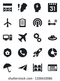 Set of vector isolated black icon - plane vector, umbrella, phone, luggage storage, brainstorm, circle chart, route, calendar, clipboard, estate insurance, serviette, alcove, wireless, pc, windmill