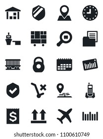 Set of vector isolated black icon - navigation vector, pin, railroad, plane, office phone, clock, term, receipt, sea port, consolidated cargo, folder document, up side sign, no trolley, warehouse