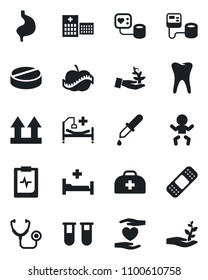 Set of vector isolated black icon - baby vector, doctor case, stethoscope, blood pressure, test vial, dropper, pills, patch, hospital bed, heart hand, stomach, tooth, pulse clipboard, diet