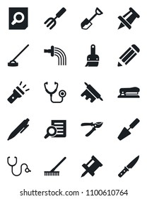 Set of vector isolated black icon - document search vector, pen, drawing pin, pencil, trowel, garden fork, shovel, rake, watering, pruner, hoe, stethoscope, themes, torch, stapler, rolling, knife