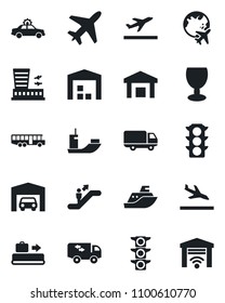 Set of vector isolated black icon - plane vector, departure, arrival, baggage conveyor, airport bus, escalator, alarm car, globe, building, traffic light, sea shipping, delivery, fragile, warehouse