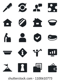 Set of vector isolated black icon - dispatcher vector, female, baby room, pen, statistic monitor, folder document, shield, speaker, user, update, house, steak, bowl, cheese, information, motivation