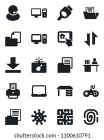 Set of vector isolated black icon - bomb in case vector, desk, printer, virus, support, folder document, gamepad, hdmi, data exchange, download, manager, notebook pc, chip, home control app