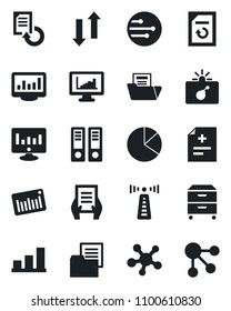 Set of vector isolated black icon - antenna vector, bomb in case, office binder, document, statistic monitor, reload, diagnosis, folder, barcode, share, network, data exchange, statistics, bar graph