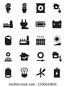 Set of vector isolated black icon - oil barrel vector, low battery, brightness, sun panel, heater, factory, home control, eco house, power plug, bulb, energy saving, windmill