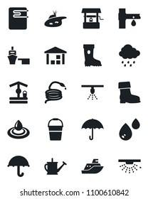 Set of vector isolated black icon - watering can vector, bucket, boot, rain, well, hose, drip irrigation, sea shipping, port, umbrella, warehouse, pond, water heater, sprinkler