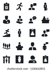 Set of vector isolated black icon - security gate vector, male, reception, manager, speaking man, team, run, doctor, client, speaker, identity card, support, desk, career ladder, estate agent, pass