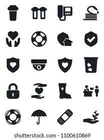 Set of vector isolated black icon - passport control vector, trash bin, boot, hose, patch, heart shield, hand, umbrella, lock, intercome, water filter, home protect, surveillance, crisis management