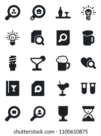 Set of vector isolated black icon - document search vector, blood test vial, heart diagnostic, fragile, cargo, estate, client, alcohol, wine card, cocktail, beer, energy saving bulb, consumer, idea