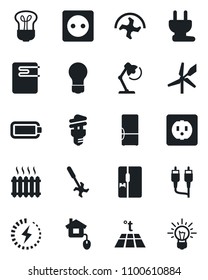 Set of vector isolated black icon - bulb vector, ripper, rca, battery, charge, desk lamp, heater, fridge, home control, socket, power plug, water, warm floor, energy saving, windmill, idea