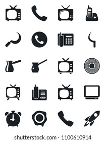 Set of vector isolated black icon - alarm clock vector, phone, tv, stamp, sickle, vinyl, radio, call, office, turkish coffee, rocket