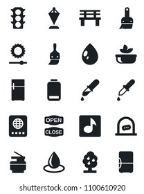 Set of vector isolated black icon - ticket office vector, passport, pennant, water drop, bench, dropper, traffic light, low battery, themes, brightness, music, copier, fruit tree, salad, open close