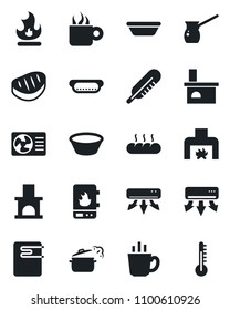 Set of vector isolated black icon - fire vector, fireplace, thermometer, air conditioner, coffee, bread, steak, hot dog, bowl, steaming pan, turkish, water heater