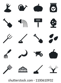 Set of vector isolated black icon - job vector, garden fork, farm, watering can, wheelbarrow, sproute, hoe, sickle, plant label, pumpkin, greenhouse, seeds, fertilizer, fruit tree, irrigation