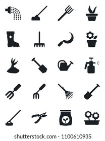 Set of vector isolated black icon - job vector, flower in pot, garden fork, shovel, farm, rake, seedling, watering can, sproute, pruner, boot, hoe, sickle, sprayer, fertilizer