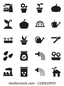 Set of vector isolated black icon - factory vector, flower in pot, seedling, watering can, sproute, pruner, pumpkin, greenhouse, seeds, fertilizer, eco house