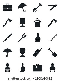 Set of vector isolated black icon - suitcase vector, umbrella, stamp, job, shovel, farm fork, bucket, pruner, axe, scalpel, fragile, themes, case